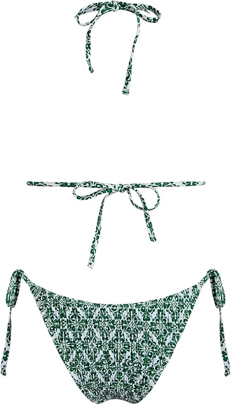 Women's Triangle Bikini Set String Swimsuit Print Tie Smocked Ruched Two Piece Bathing Suit