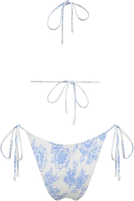 Women's Triangle Bikini Set String Swimsuit Print Tie Smocked Ruched Two Piece Bathing Suit