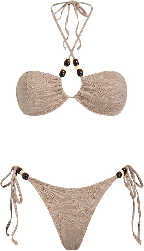 Triangle Bikini Set for Women Halter Swimsuit Beaded Solid Tie Textured Cheeky Swimwear Two Piece Bathing Suit