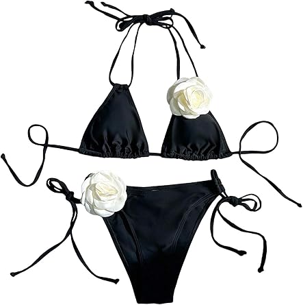Women's 2 Piece Bathing Suit Floral Appliques Halter Tie Back Triangle Bikini Swimsuits