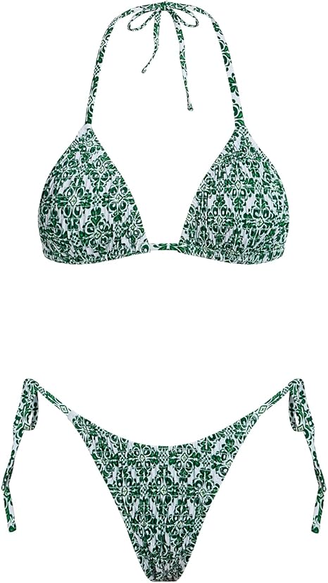 Women's Triangle Bikini Set String Swimsuit Print Tie Smocked Ruched Two Piece Bathing Suit
