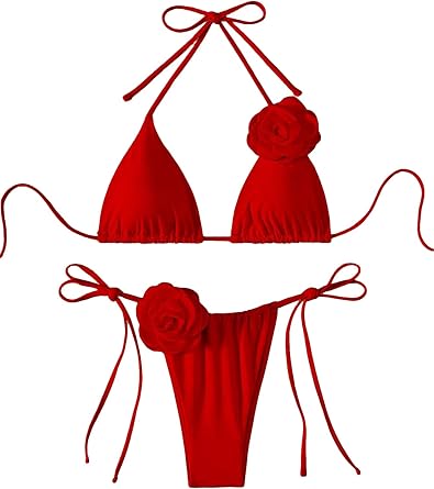 Women's Two Piece Bathing Suit Floral Appliques Halter Triangle Tie Side Thong Bikini Swimsuits