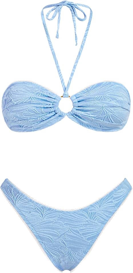 Triangle Bikini Set for Women O Ring Strapless Tie Back Swimsuit Bandeau Textured Two Piece Bathing Suit