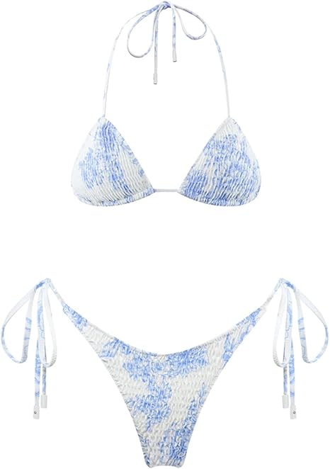 Women's Triangle Bikini Set String Swimsuit Print Tie Smocked Ruched Two Piece Bathing Suit