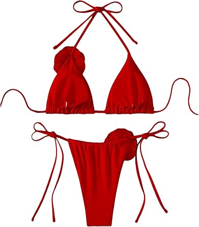 Women's Two Piece Bathing Suit Floral Appliques Halter Triangle Tie Side Thong Bikini Swimsuits