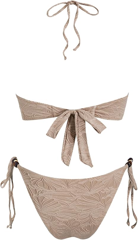 Triangle Bikini Set for Women Halter Swimsuit Beaded Solid Tie Textured Cheeky Swimwear Two Piece Bathing Suit