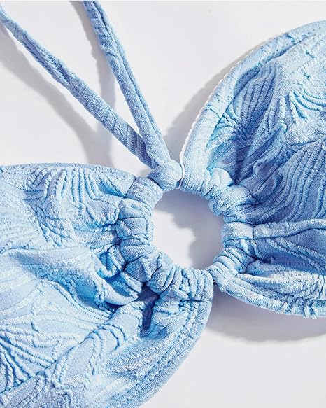 Triangle Bikini Set for Women O Ring Strapless Tie Back Swimsuit Bandeau Textured Two Piece Bathing Suit